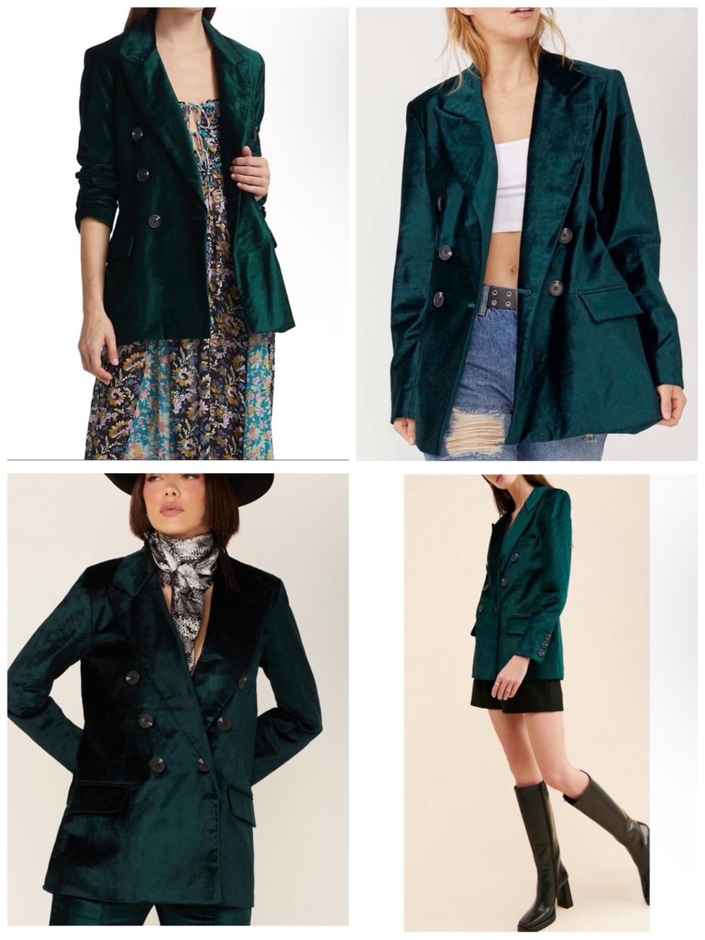 Free People Dark Green Velvet Double-Breasted Blazer, Medium